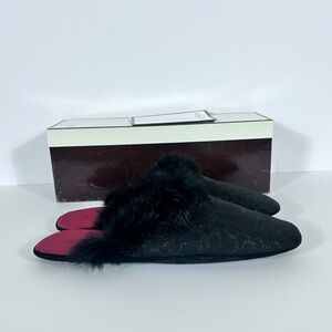 Coach Women's Size 8 Melody Sparkle Signature Logo Black Fur Trim Slippers